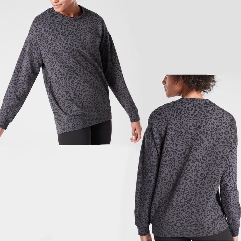 Athleta Pure Lux Leopard Pullover Crewneck Sweatshirt in Gray and Black